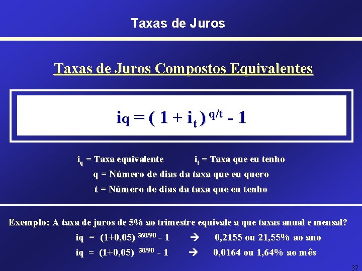 Taxas de Juros Compostos Equivalentes iq = ( 1 + it ) q/t - Taxas de Juros Compostos Equivalentes iq = ( 1 + it ) q/t -