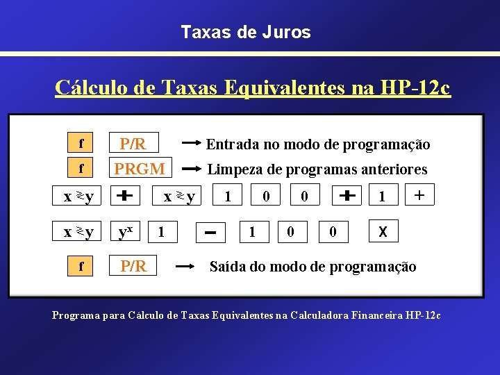 Taxas de Juros Cálculo de Taxas Equivalentes na HP-12 c f f P/R PRGM Taxas de Juros Cálculo de Taxas Equivalentes na HP-12 c f f P/R PRGM