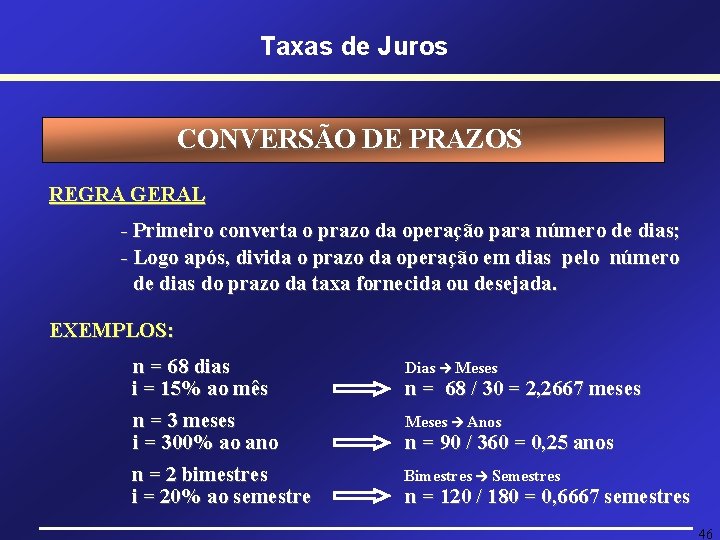Taxas de Juros CONVERSÃO DE PRAZOS REGRA GERAL - Primeiro converta o prazo da Taxas de Juros CONVERSÃO DE PRAZOS REGRA GERAL - Primeiro converta o prazo da
