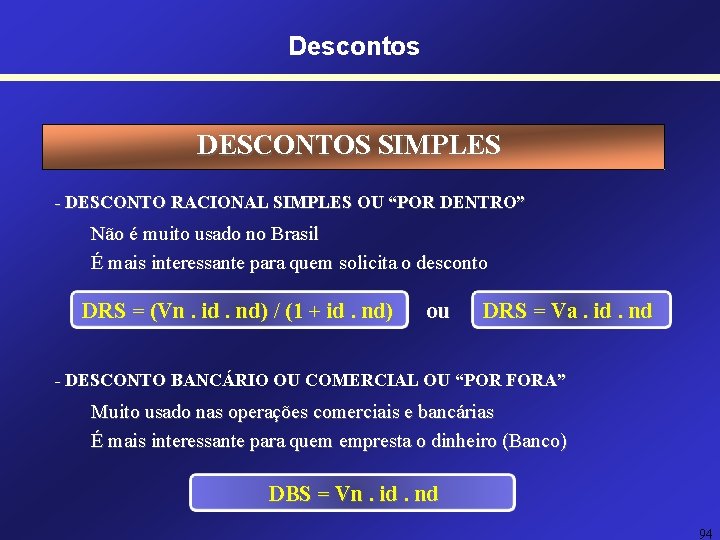 Descontos DESCONTOS SIMPLES - DESCONTO RACIONAL SIMPLES OU “POR DENTRO” Não é muito usado Descontos DESCONTOS SIMPLES - DESCONTO RACIONAL SIMPLES OU “POR DENTRO” Não é muito usado