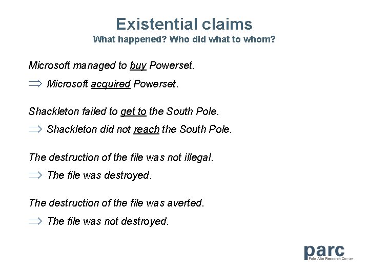 Existential claims What happened? Who did what to whom? Microsoft managed to buy Powerset.