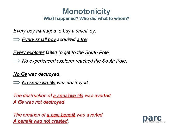 Monotonicity What happened? Who did what to whom? Every boy managed to buy a