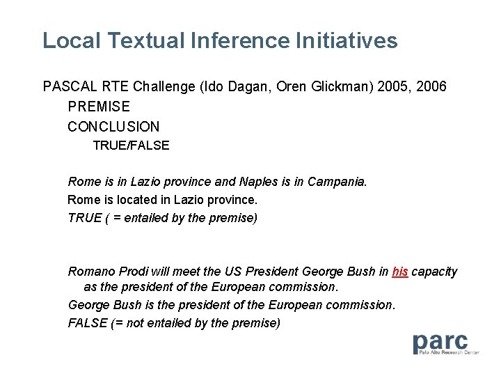 Local Textual Inference Initiatives PASCAL RTE Challenge (Ido Dagan, Oren Glickman) 2005, 2006 PREMISE