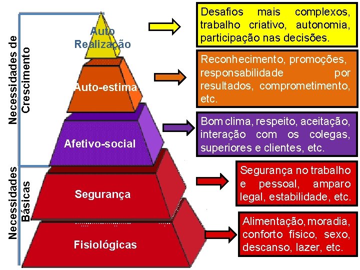 Necessidades de Crescimento Auto Realização Auto-estima Necessidades Básicas Afetivo-social Desafios mais complexos, trabalho criativo,