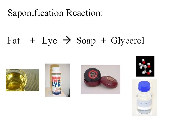 Saponification Reaction: Fat + Lye Soap + Glycerol 