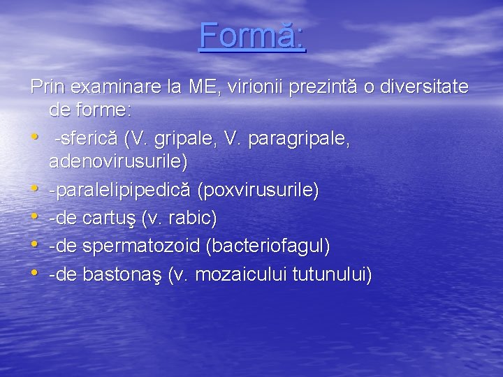 Formă: Prin examinare la ME, virionii prezintă o diversitate de forme: • -sferică (V.