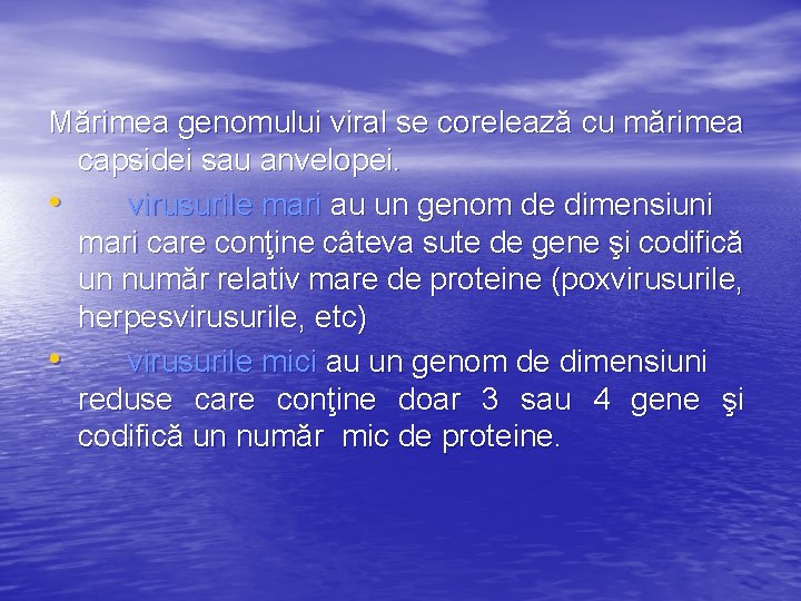 Mărimea genomului viral se corelează cu mărimea capsidei sau anvelopei. • virusurile mari au