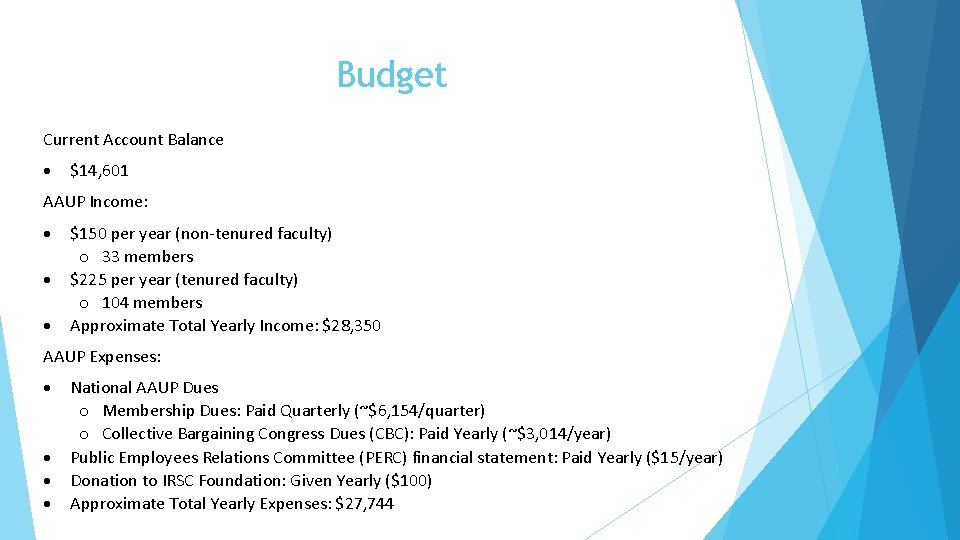 Budget Current Account Balance $14, 601 AAUP Income: $150 per year (non-tenured faculty) o