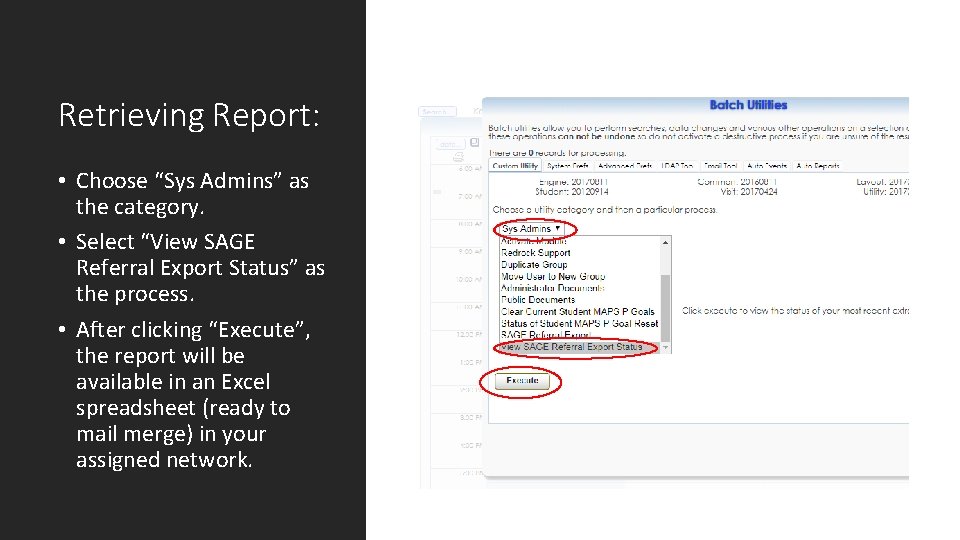 Retrieving Report: • Choose “Sys Admins” as the category. • Select “View SAGE Referral