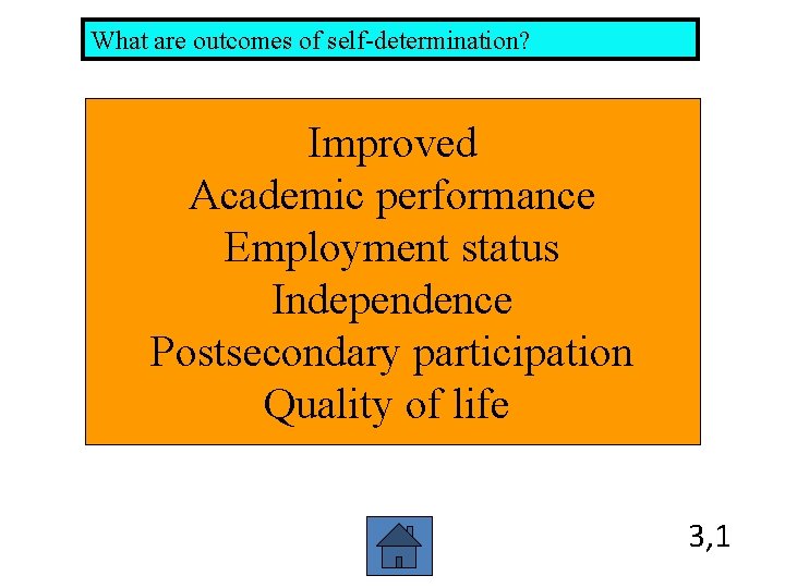 What are outcomes of self-determination? Improved Academic performance Employment status Independence Postsecondary participation Quality What are outcomes of self-determination? Improved Academic performance Employment status Independence Postsecondary participation Quality