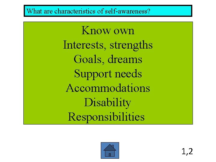 What are characteristics of self-awareness? Know own Interests, strengths Goals, dreams Support needs Accommodations