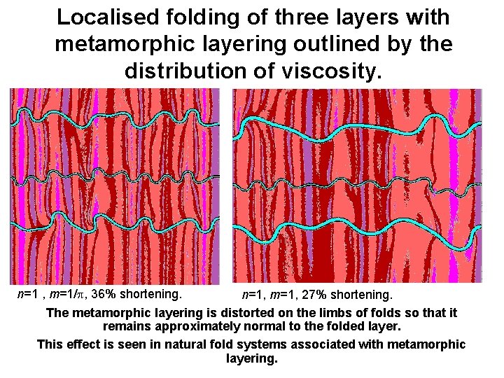 Localised folding of three layers with metamorphic layering outlined by the distribution of viscosity.
