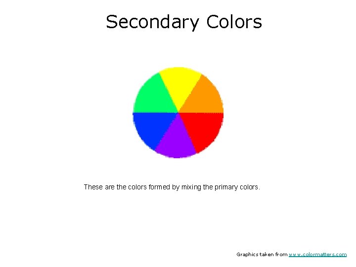 Secondary Colors These are the colors formed by mixing the primary colors. Graphics taken