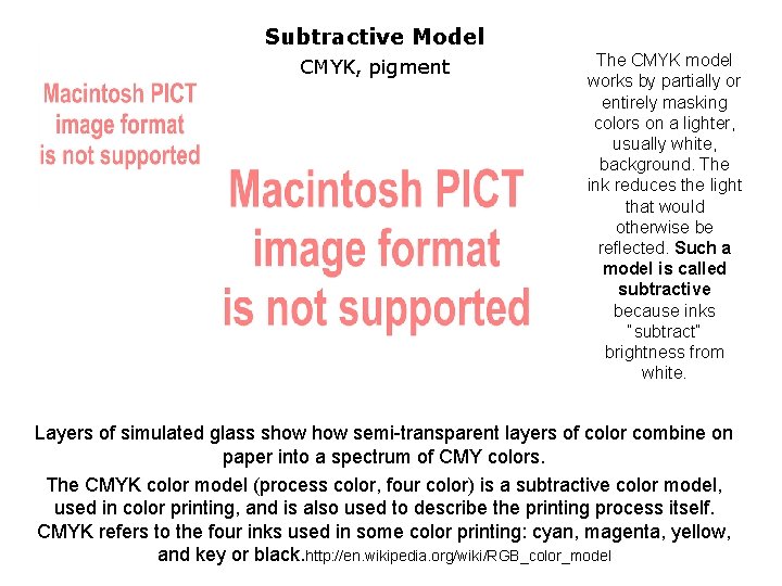 Subtractive Model CMYK, pigment The CMYK model works by partially or entirely masking colors