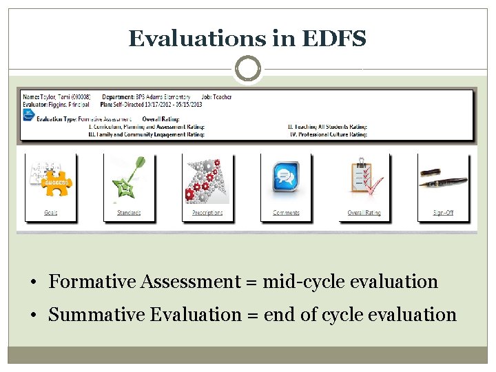 Evaluations in EDFS • Formative Assessment = mid-cycle evaluation • Summative Evaluation = end