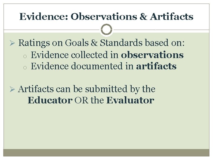 Evidence: Observations & Artifacts Ø Ratings on Goals & Standards based on: o o
