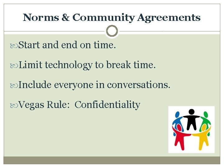 Norms & Community Agreements Start and end on time. Limit technology to break time.