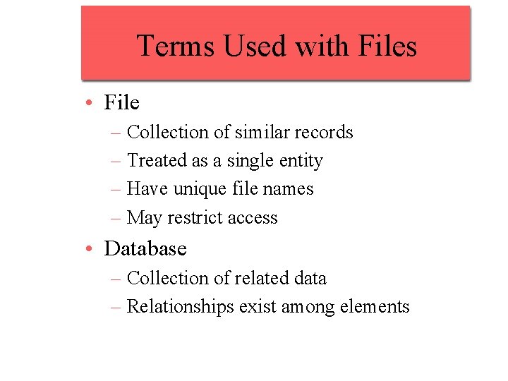 Terms Used with Files • File – Collection of similar records – Treated as