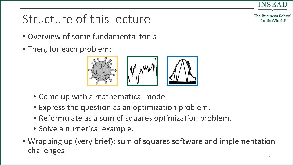 Structure of this lecture • Overview of some fundamental tools • Then, for each