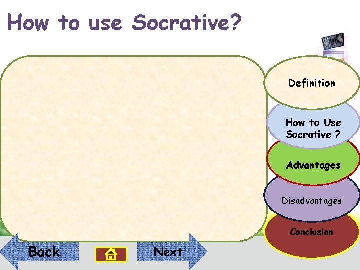 How to use Socrative? Definition How to Use Socrative ? Advantages Disadvantages Conclusion Back