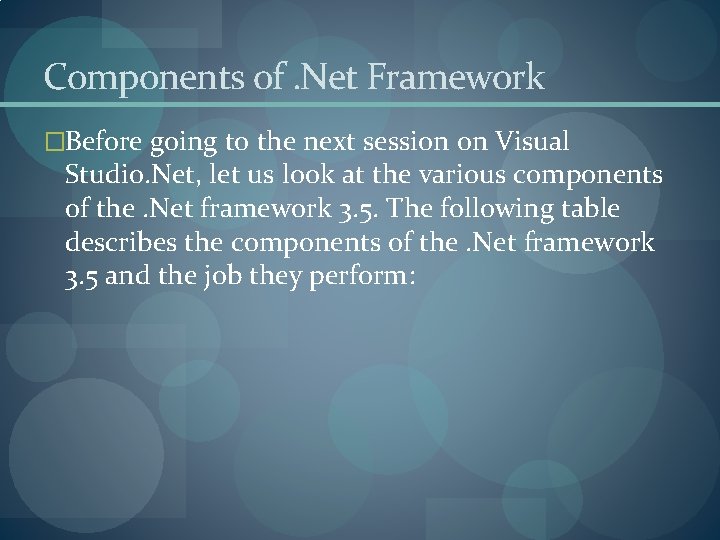 Components of. Net Framework �Before going to the next session on Visual Studio. Net,