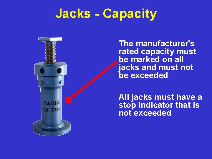 Jacks - Capacity The manufacturer's rated capacity must be marked on all jacks and