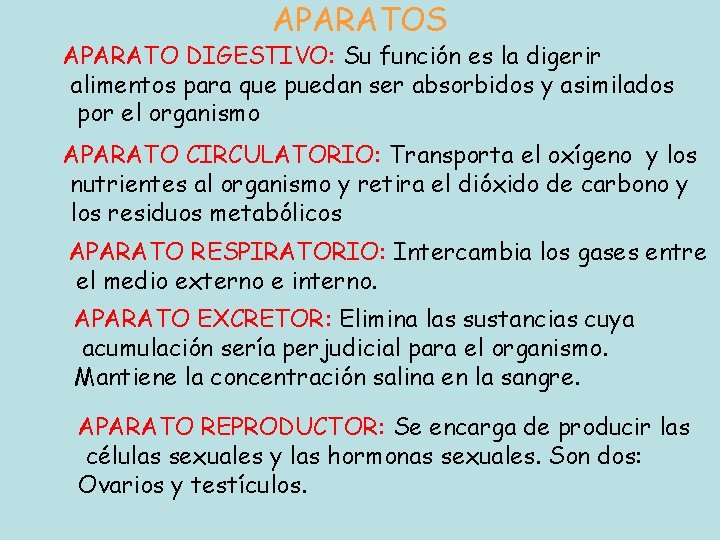 APARATOS APARATO DIGESTIVO: Su función es la digerir alimentos para que puedan ser absorbidos