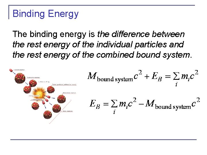 Binding Energy The binding energy is the difference between the rest energy of the Binding Energy The binding energy is the difference between the rest energy of the