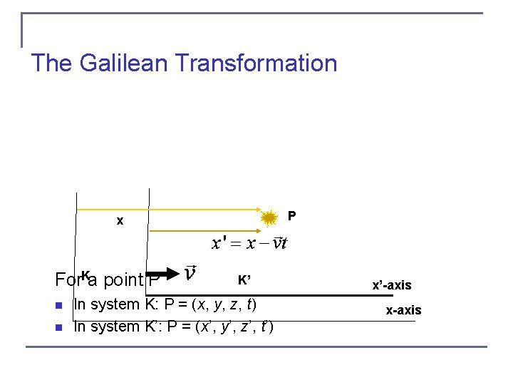 The Galilean Transformation P x K For a point P n n K’ In