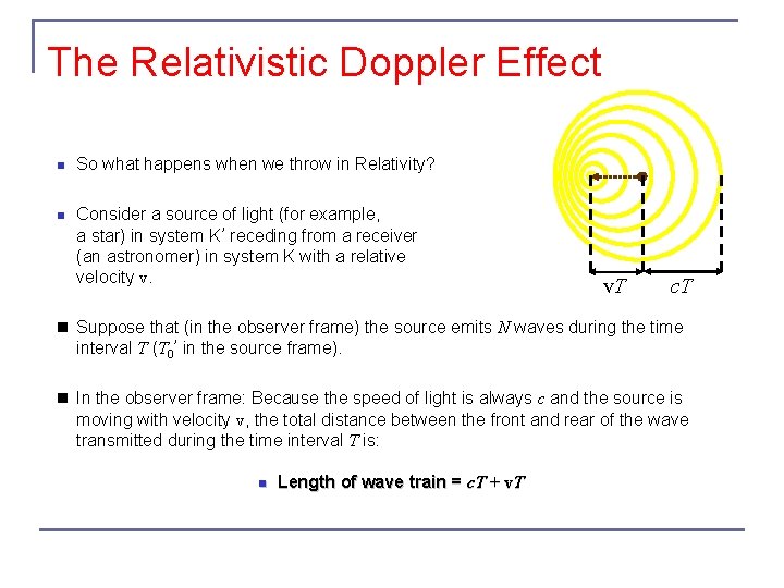 The Relativistic Doppler Effect n So what happens when we throw in Relativity? n