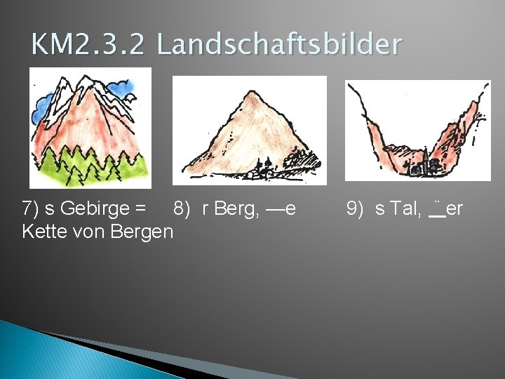 KM 2. 3. 2 Landschaftsbilder 7) s Gebirge = 8) r Berg, —e Kette