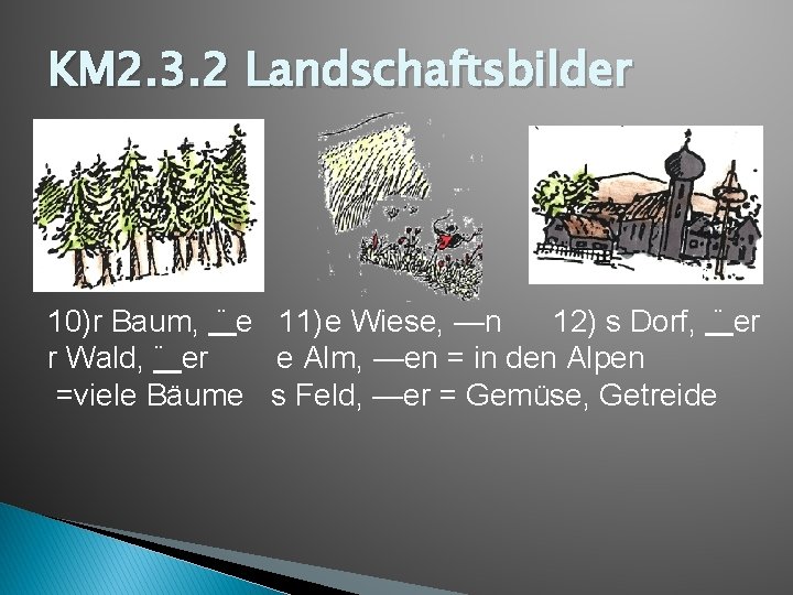 KM 2. 3. 2 Landschaftsbilder 10)r Baum, ¨ e 11)e Wiese, —n 12) s KM 2. 3. 2 Landschaftsbilder 10)r Baum, ¨ e 11)e Wiese, —n 12) s