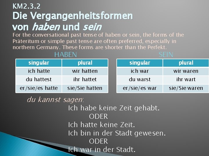 KM 2. 3. 2 Die Vergangenheitsformen von haben und sein For the conversational past