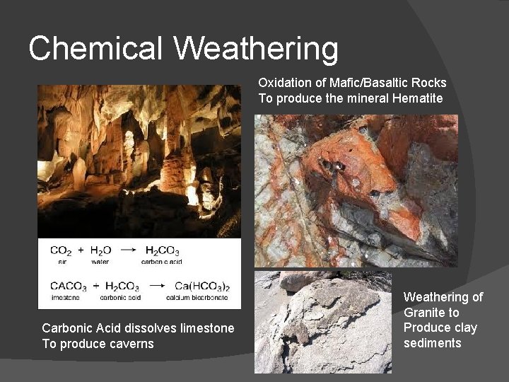 Chemical Weathering Oxidation of Mafic/Basaltic Rocks To produce the mineral Hematite Carbonic Acid dissolves