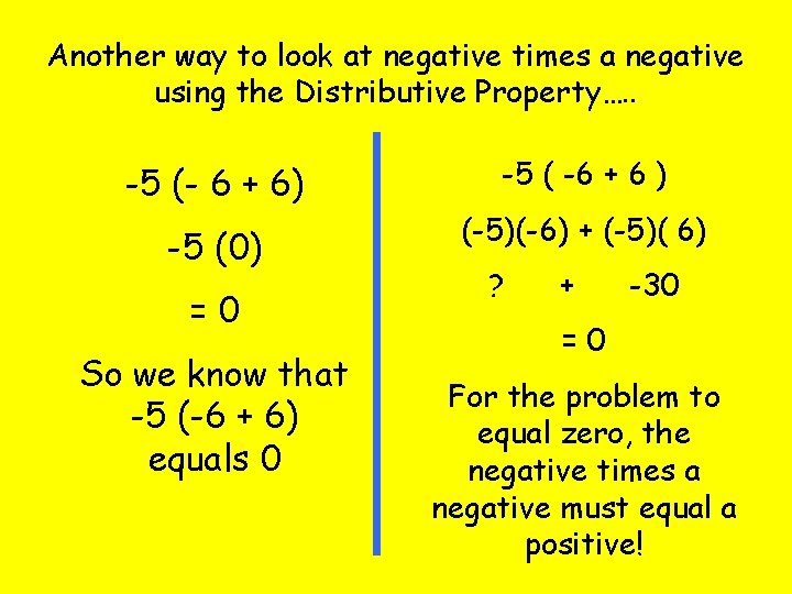 Another way to look at negative times a negative using the Distributive Property…. .