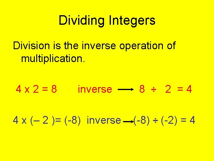 Dividing Integers Division is the inverse operation of multiplication. 4 x 2=8 inverse 4