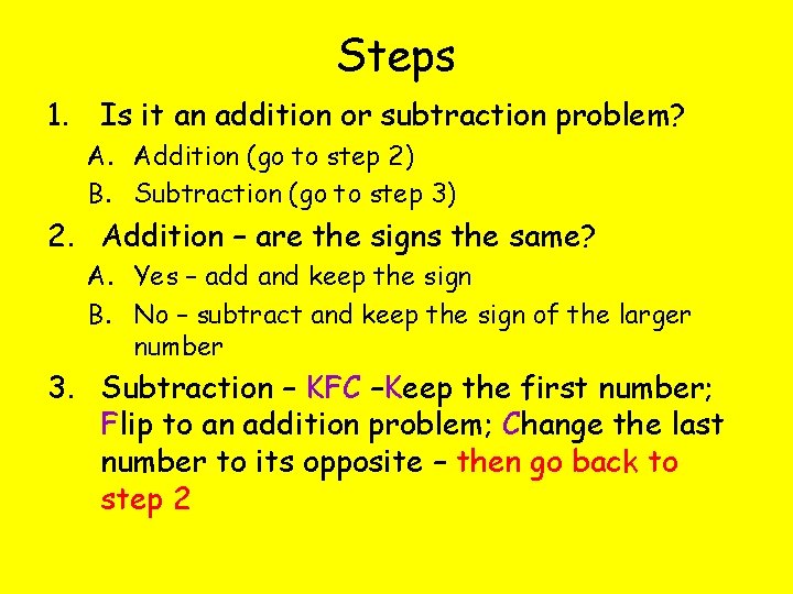 Steps 1. Is it an addition or subtraction problem? A. Addition (go to step