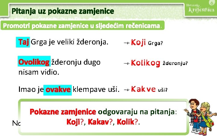 Pitanja uz pokazne zamjenice Promotri pokazne zamjenice u sljedećim rečenicama. Taj Grga je veliki