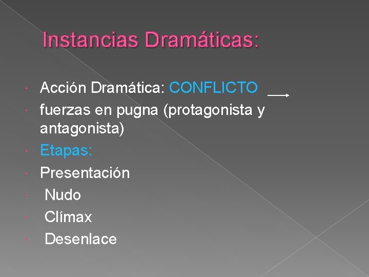 Instancias Dramáticas: Acción Dramática: CONFLICTO fuerzas en pugna (protagonista y antagonista) Etapas: Presentación Nudo