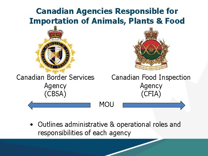 Canadian Agencies Responsible for Importation of Animals, Plants & Food Canadian Border Services Agency