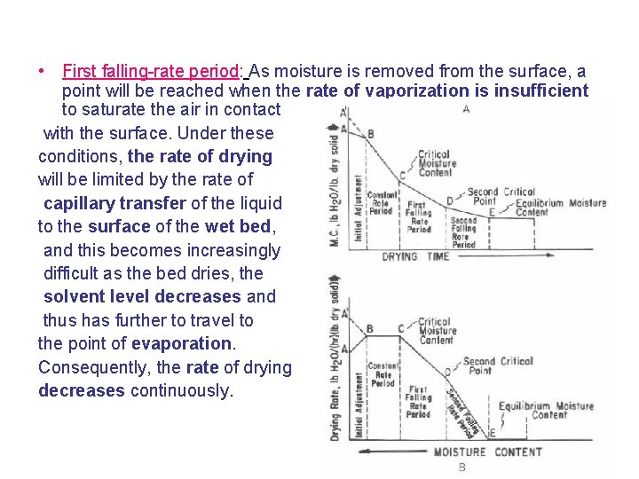  • First falling-rate period: As moisture is removed from the surface, a point