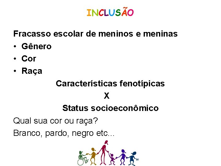 INCLUSÃO Fracasso escolar de meninos e meninas • Gênero • Cor • Raça Características