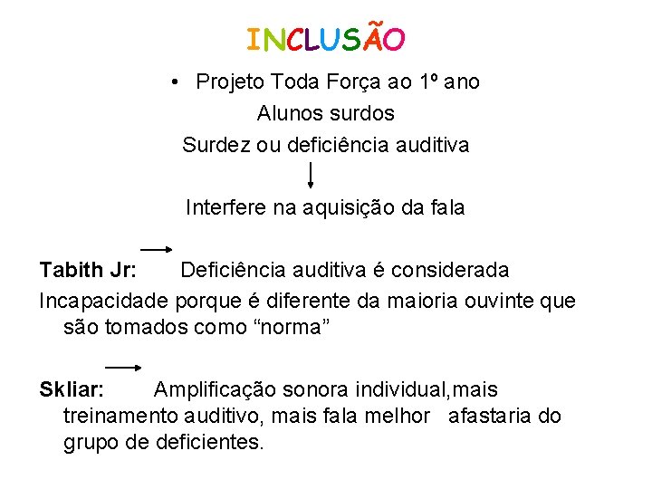 INCLUSÃO • Projeto Toda Força ao 1º ano Alunos surdos Surdez ou deficiência auditiva