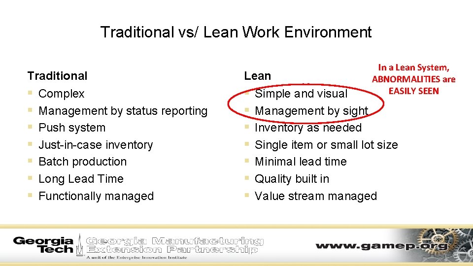 Traditional vs/ Lean Work Environment Traditional Lean § § § § Complex Management by Traditional vs/ Lean Work Environment Traditional Lean § § § § Complex Management by