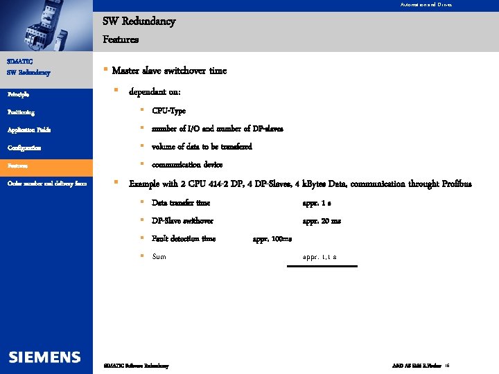 Automation and Drives SW Redundancy Features SIMATIC SW Redundancy Principle § Master slave switchover