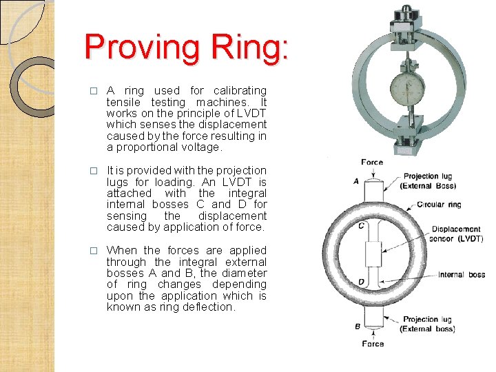 Proving Ring: � A ring used for calibrating tensile testing machines. It works on