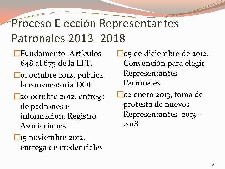 Proceso Elección Representantes Patronales 2013 -2018 �Fundamento Artículos 648 al 675 de la LFT.