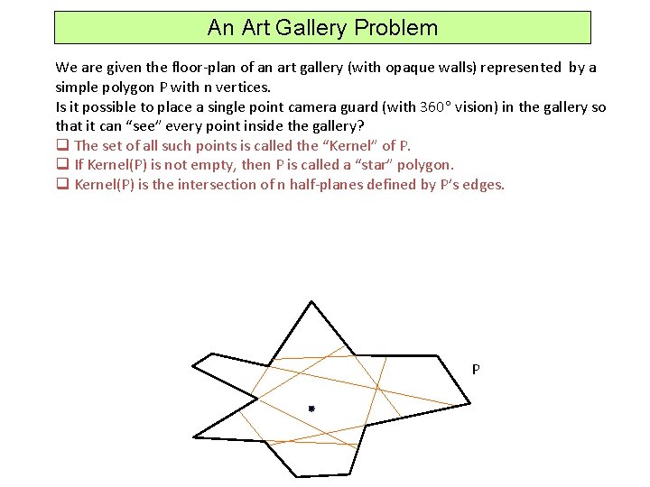 An Art Gallery Problem We are given the floor-plan of an art gallery (with