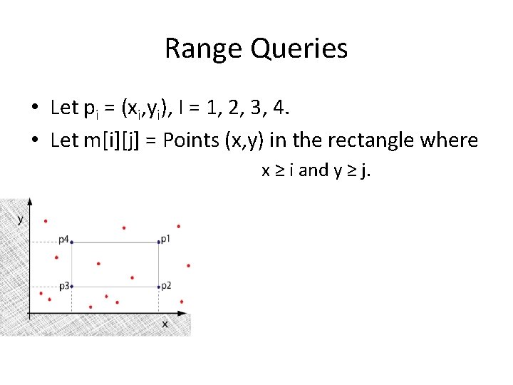 Range Queries • Let pi = (xi, yi), I = 1, 2, 3, 4.