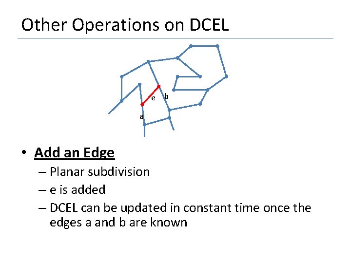 Other Operations on DCEL e b a • Add an Edge – Planar subdivision